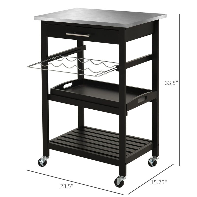 Black Culinary Companion: Pine 3-Tier Kitchen Cart with Steel Top