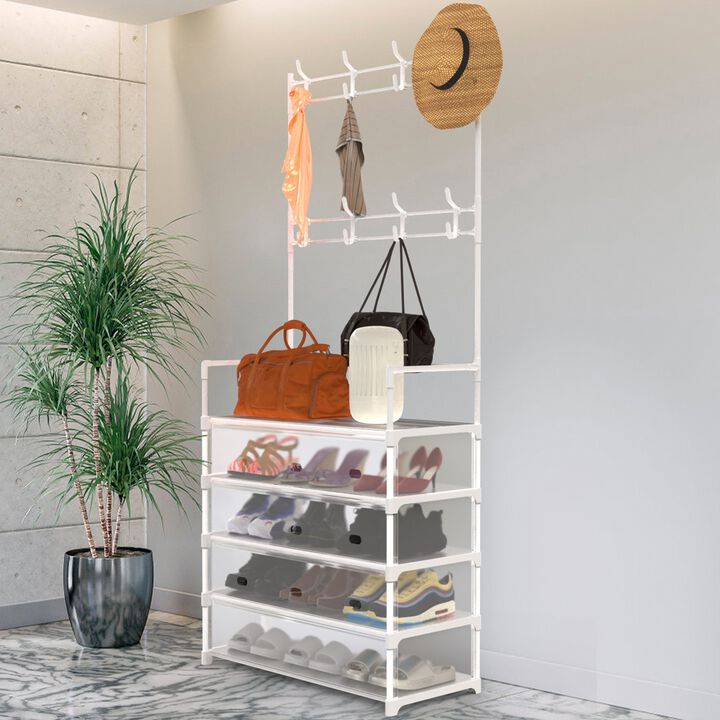Freestanding Entryway Organizer, 5-Tier Hall Tree with Coat Rack, Shoe Shelf & Hooks