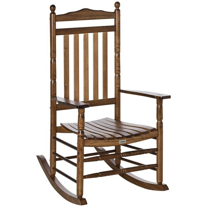 Brown Porch Comfort: Traditional Wooden High-Back Rocking Chair
