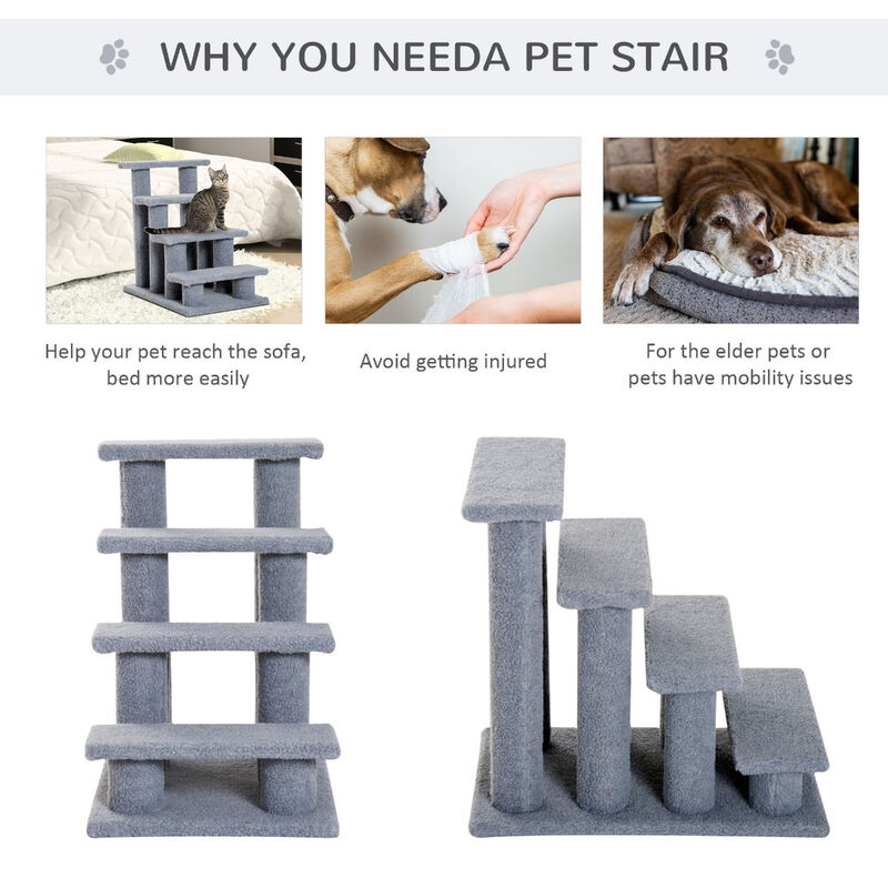 Gray Feline Climber: 25" 4-Step Carpeted Cat Stairs with Toy