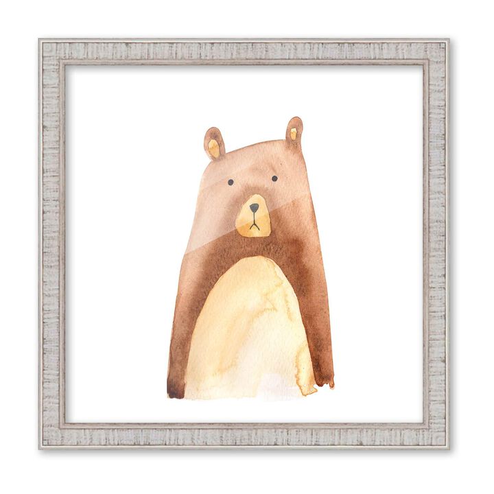 10x10 Framed Nursery Wall Art Watercolor Bear Poster in Rustic White Wood Frame For Kid Bedroom or Playroom