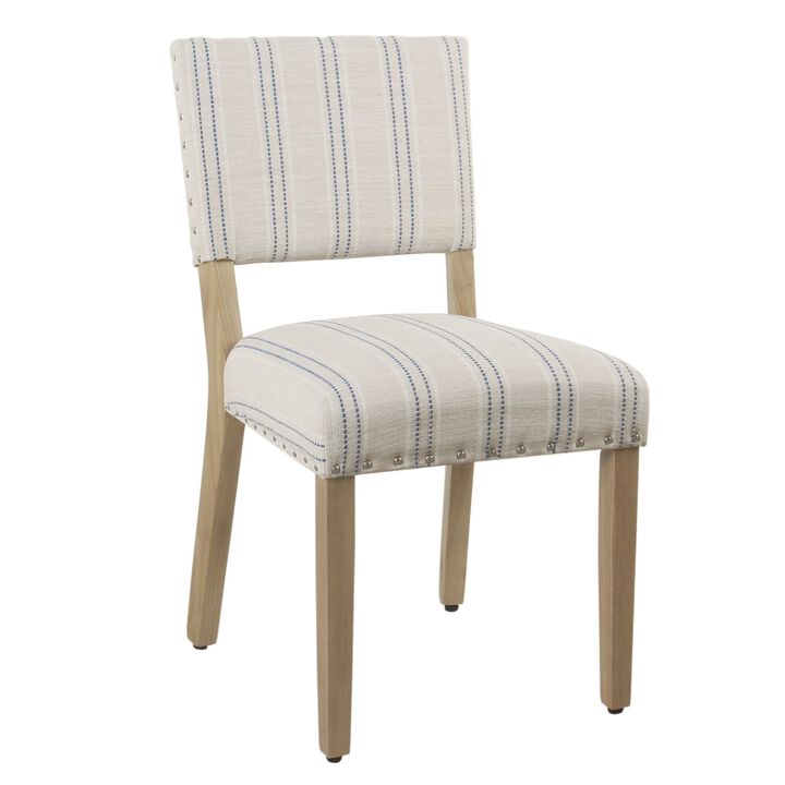 Wooden Dining Chair with Striped Pattern Fabric Cushioned Seat, Blue and White, Set of Two - Benzara