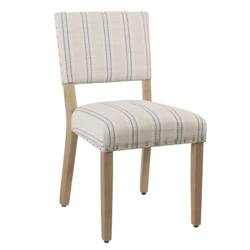 Wooden Dining Chair with Striped Pattern Fabric Cushioned Seat, Blue and White, Set of Two - Benzara