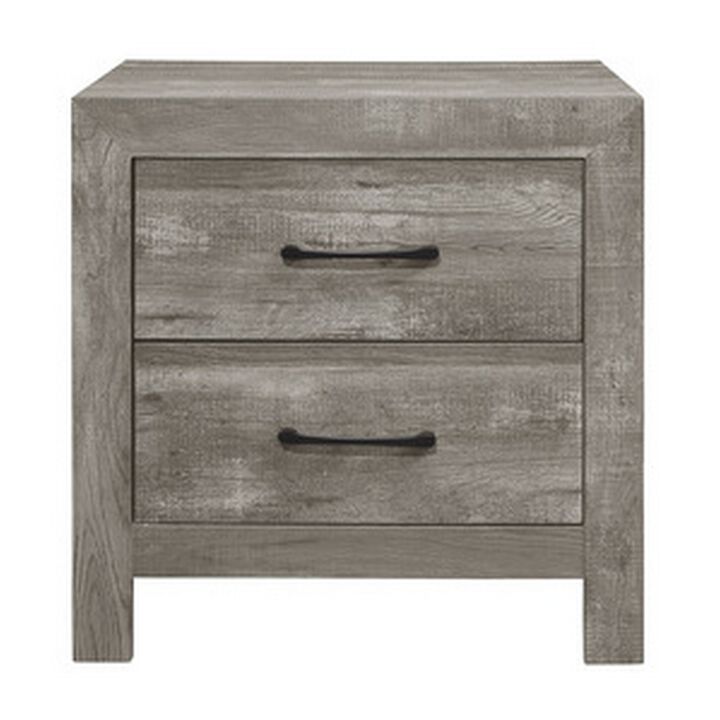 Adia 24 Inch Classic 2 Drawer Nightstand, Metal Handles, Rustic Gray Finish-Benzara