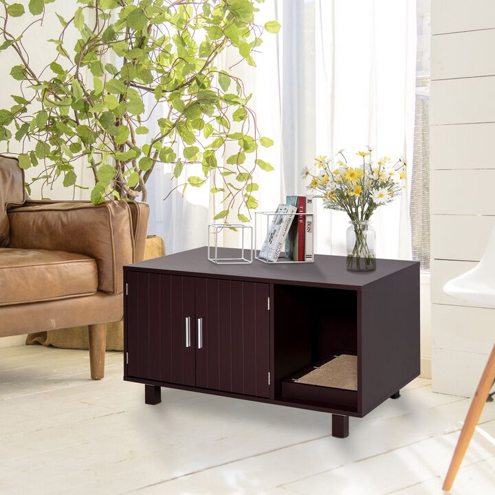 Brown Feline Hideaway: Wooden Litter Box Nightstand with Scratcher