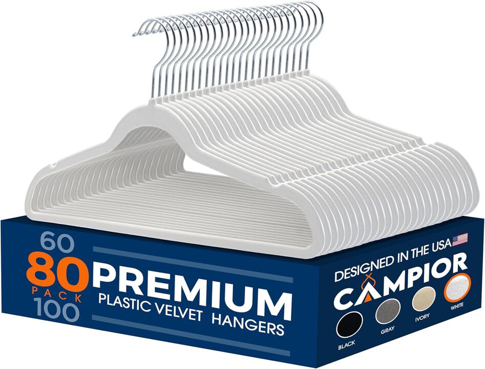 Premium Velvet Non-Slip Hangers for Clothes - Heavy Duty Coat Hanger Set with 360° Swivel Hook, Lightweight, Luxurious Velvet Finish, Versatile Hangers for Any Closet, Pack of 80 - White