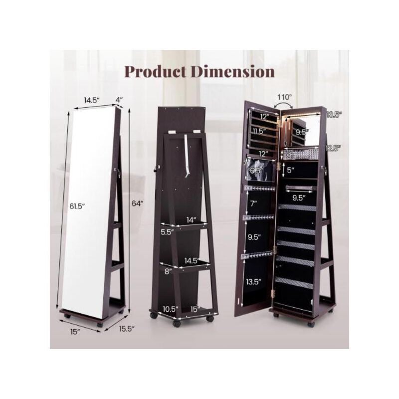 Hivvago 64 Inches Lockable Jewelry Cabinet Armoire with Built-in Makeup Mirror