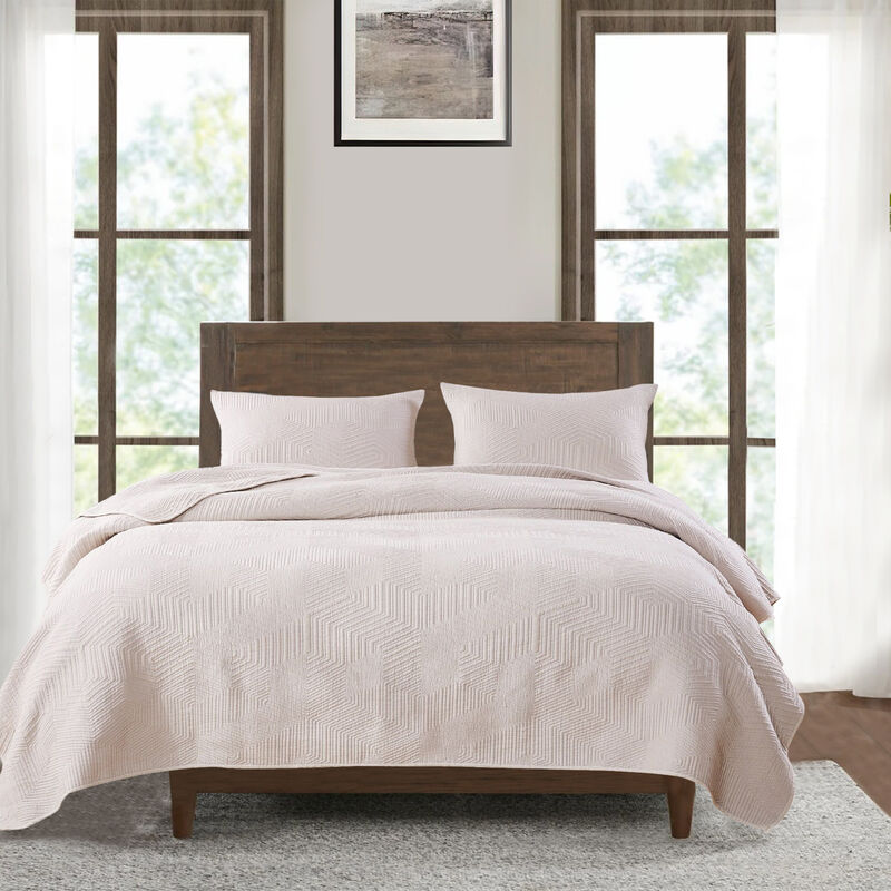 3 Piece Microfiber Full Size Quilt Set with Geometric Print, Cream - Benzara