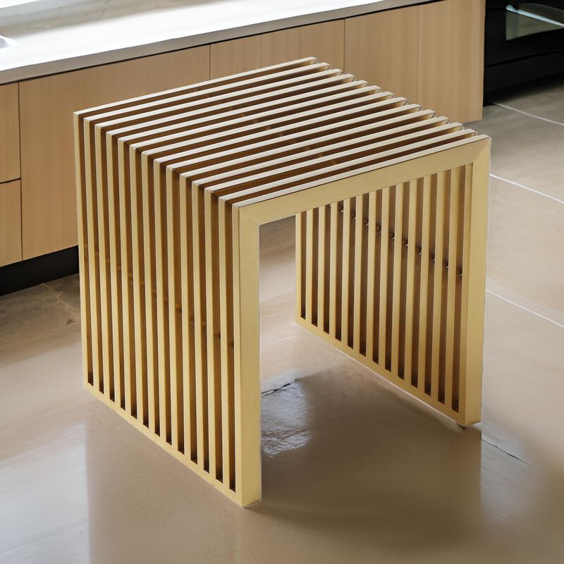 Niki 17 Inch Accent Stool, Slatted Design, Square, Luxurious Brushed Gold  - Benzara