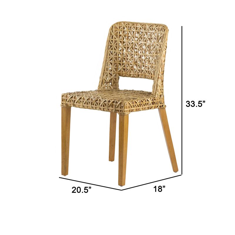 21 Inch Dining Side Chair, Woven Rattan Backrest, Wood Frame, Natural Brown-Benzara