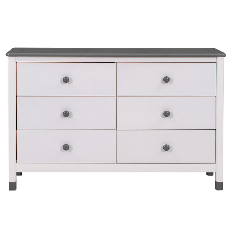 Wooden Storage Dresser With 6 Drawers, Storage Cabinet For Kids Bedroom, White+Gray