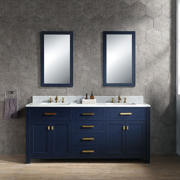 Madison 72 In. Double Sink Carrara White Marble Countertop Bath Vanity In Monarch Blue with Satin Gold Hardware