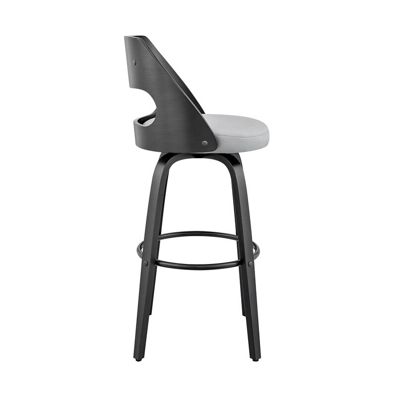 Julius  Gray Faux Leather and Black Wood Bar Stool