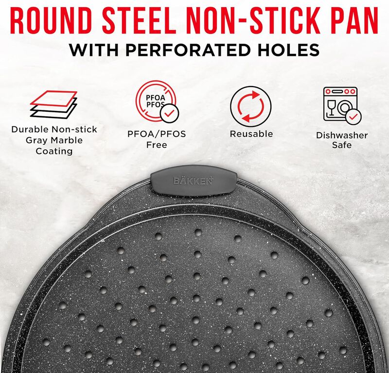 Bakken Pizza Baking Pan - Round Perforated Carbon Steel Pan with Non-Stick Marble Coating, Dishwasher Safe, High-Temperature Resistant, Durable & Easy Cleanup