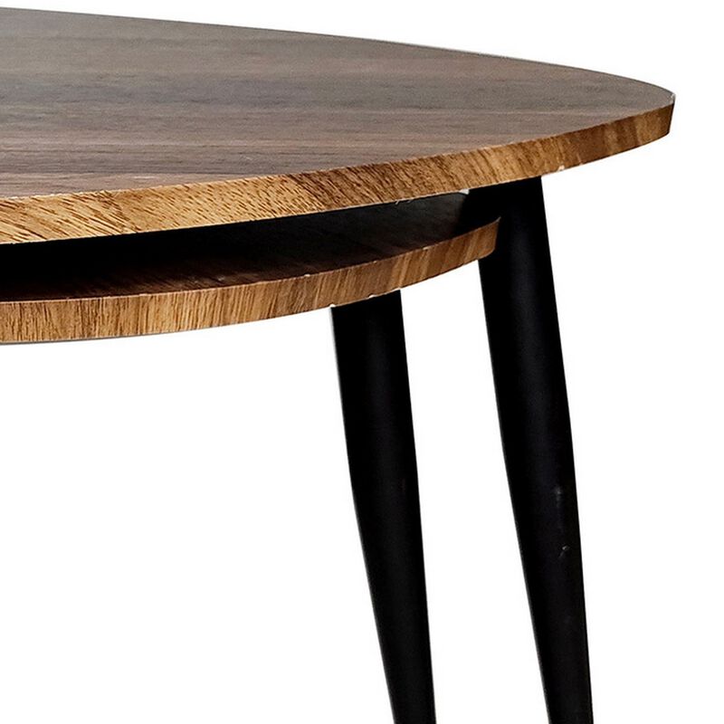 Clovia Nesting Table, Set of 2, Triangular Brown Solid Wood, Black Metal