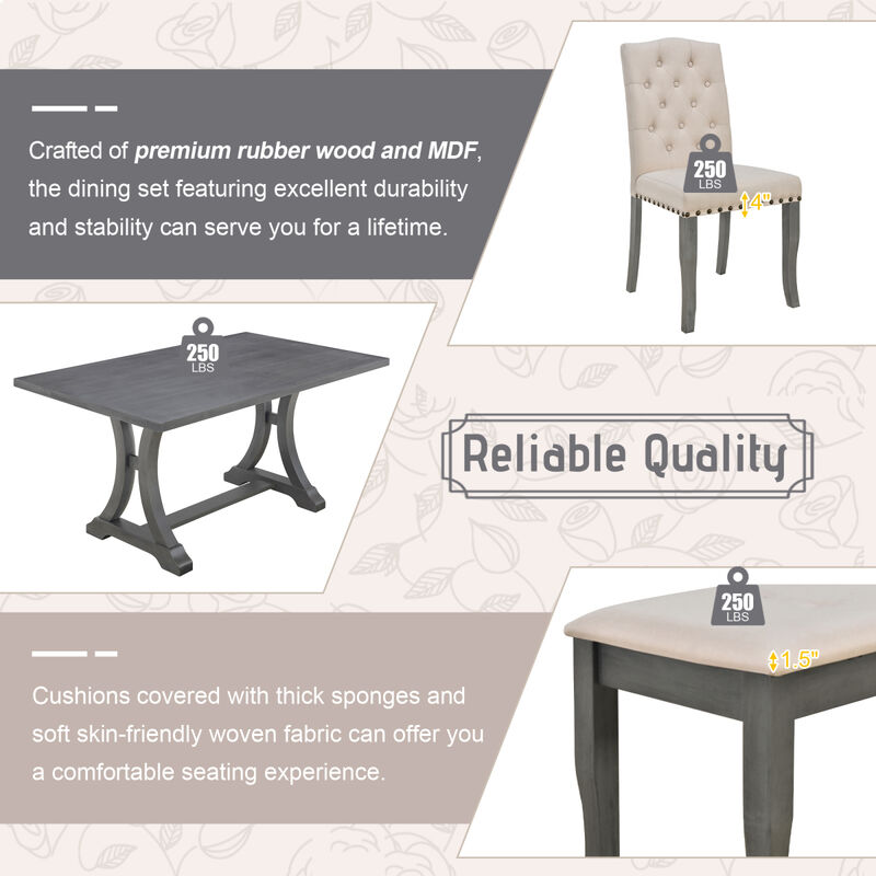 6-Piece Farmhouse Dining Table Set, Rectangular Trestle Table And 4 Upholstered Chairs & Bench