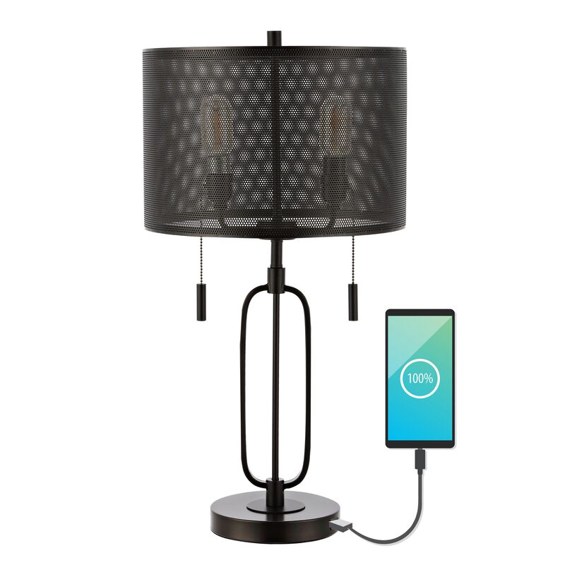 Hank 2-Light Industrial Farmhouse Iron LED Table Lamp with USB Charging Port