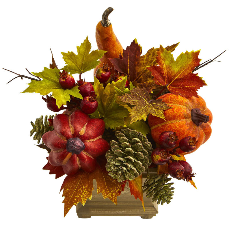 Nearly Natural 11-in Pumpkin, Gourd, Berry and Maple Leaf Artificial Arrangement