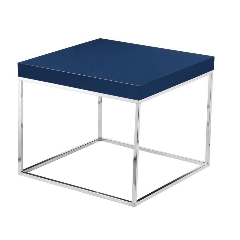 Zen 24 Inch Side End Table, Square, Polished Blue Top, Chrome Metal Finish - Benzara