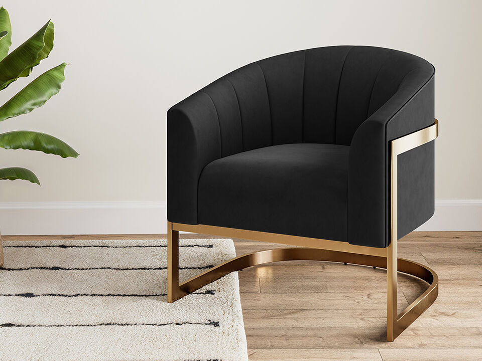 BELLEZE Upholstered Accent Chair, Modern Velvet Barrel Chair Comfy Lounge Room Chair Arm Chair with Gold Stainless Base for Living Room Bedroom - Alfred (Black)