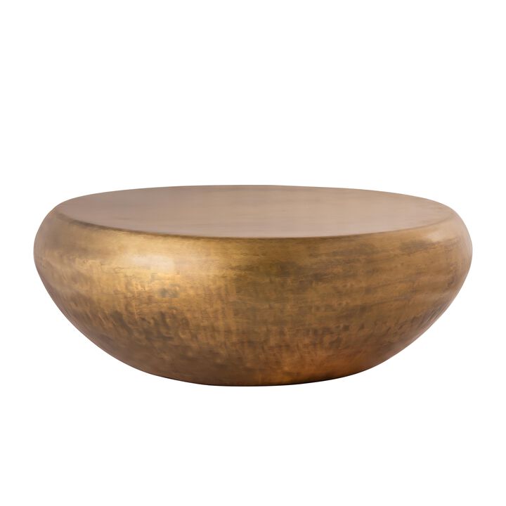 Pasargad Home Helios Drum Shape Iron Coffee Table, Brass