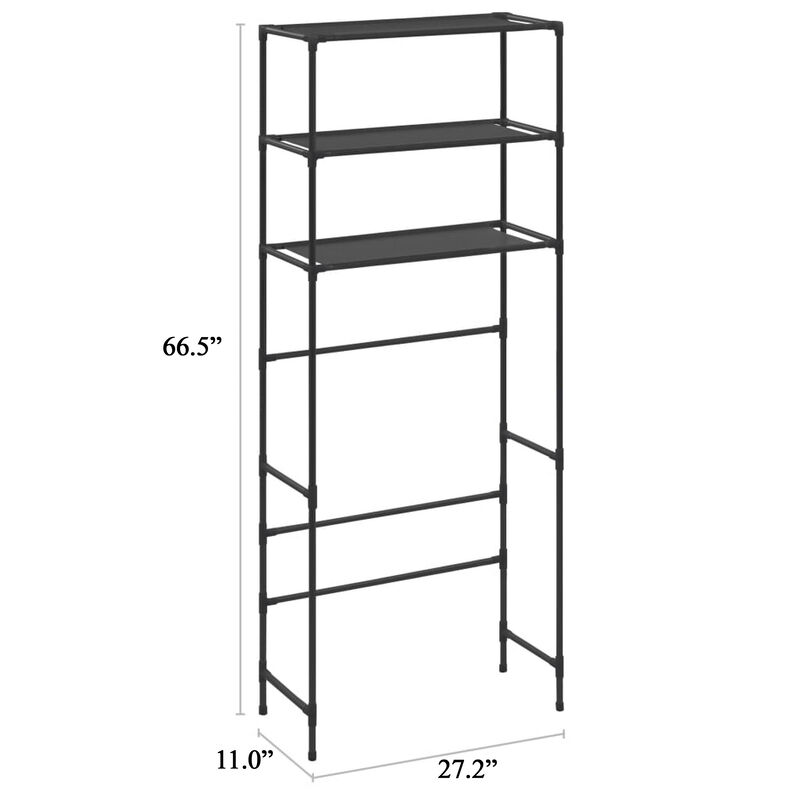 3 Tier Over the Washer Laundry Storage Rack, 67 Inch Tall Black Steel - Benzara