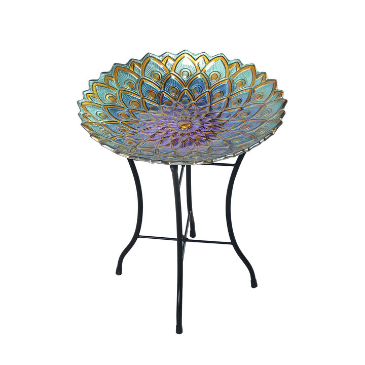 Teamson Home - Outdoor 18 Inch Handpainted Mosaic Flower Fusion Glass Bird Bath w/ Stand