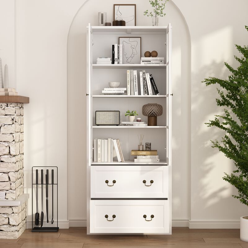 White Wooden 31.5 in. W Buffet Pantry Cabinet Kitchen Cabinet with Adjustable Shelves and Tempered Glass Doors, Drawers