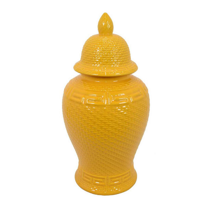 Bryan 24 Inch Ceramic Temple Jar, Geometric Print, Finial Top, Yellow - Benzara