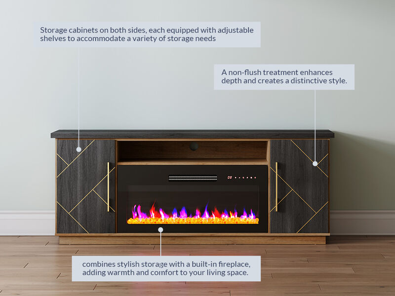 BELLEZE 68 Inch Electric Fireplace TV Stand With Gold Grim, Elegant Entertainment Center With Storage, Media Console With Drawers & Open Shelves for Living Room, Bedroom Home Theater (Espresso Black)
