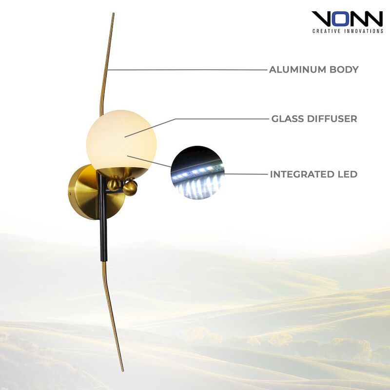 VONN Lighting Integrated LED Wall Sconce Light with Glass Shade in Antique Brass