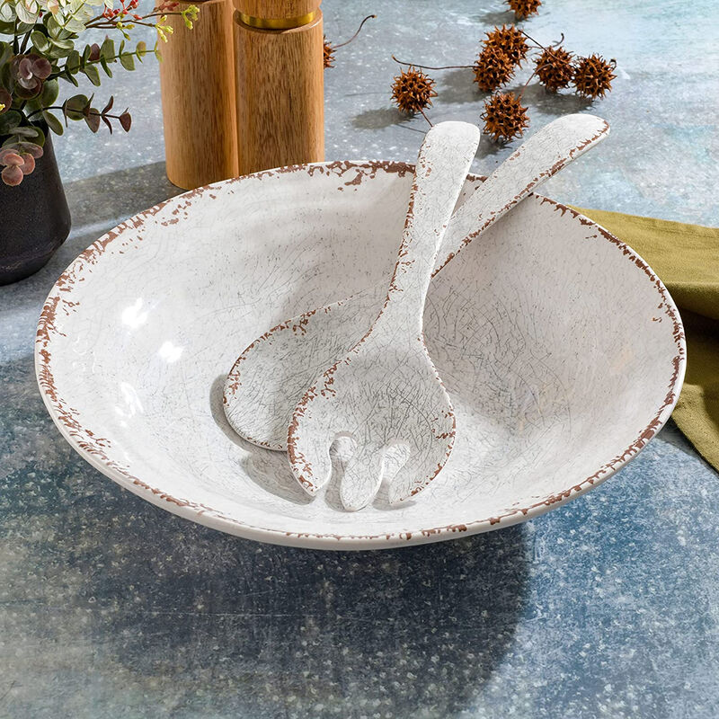 Laurie Gates Mauna 3 Piece Melamine Serving Bowl Set in White with Serving Utensils