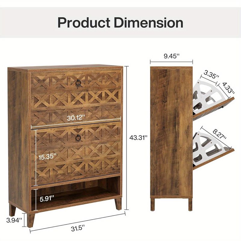2-Flip Drawer Brown Freestanding Shoe Storage Cabinet, Narrow Entryway Organizer with Adjustable Shelves
