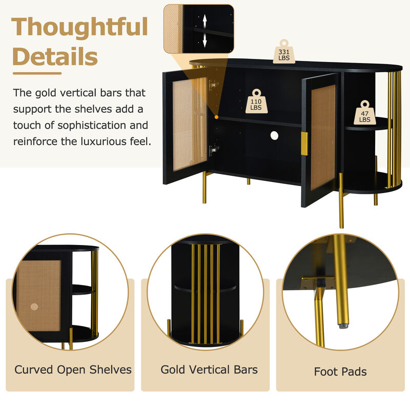 Clihome 2-Door Elegant Curved Dining Cabinet with Gold Trim and Woven Rattan Doors for Dining Room (Black)