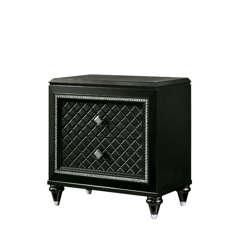 Two Drawer Solid Wood Nightstand with Turned Legs, Gray and Silver-Benzara