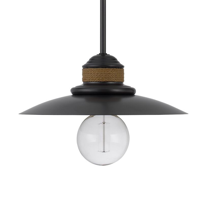 Oly 16 Inch Pendant Light w Burlap Rope Design, Dark Gray - Benzara