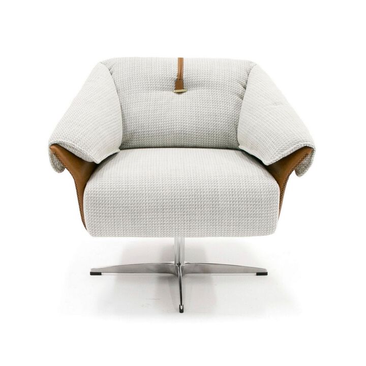 31 Inch Swivel Accent Chair, Padded Cushions, Faux Leather, Gray, Caramel - Benzara