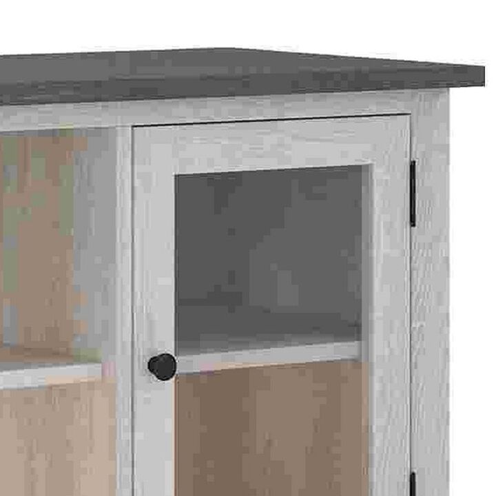 60 Inch TV Entertainment Console, 2 Glass Doors, Farmhouse, White, Gray-Benzara