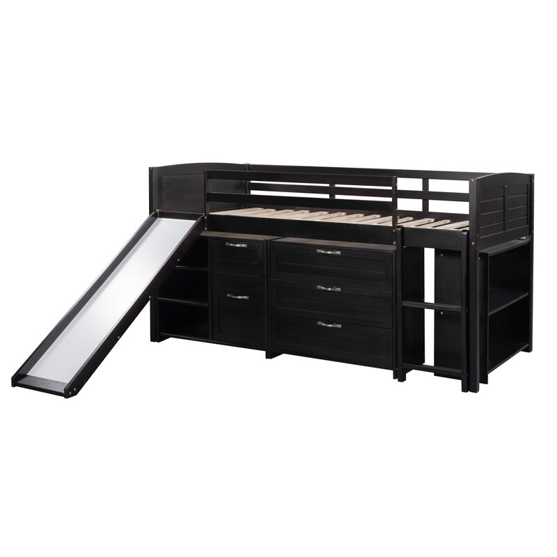 Low Twin Size Loft Bed With Cabinets, Shelves And Slide