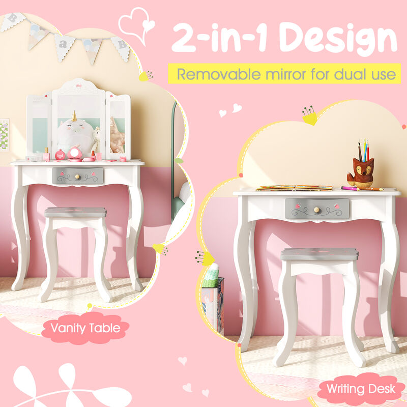 Kids Vanity Set with Tri-Folding Mirror – Girls' Makeup Table with Storage and Chair