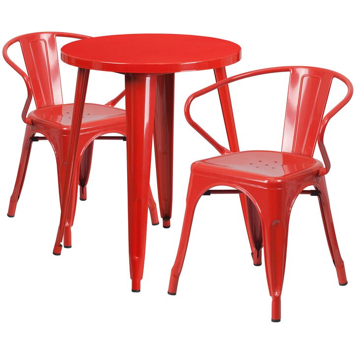 Flash Furniture Napoleon Commercial Grade 24" Round Red Metal Indoor-Outdoor Table Set with 2 Arm Chairs