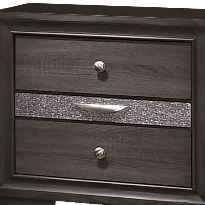 Wooden Nightstand with 2 Drawers and 1 Jewelry Drawer, Gray and Silver-Benzara