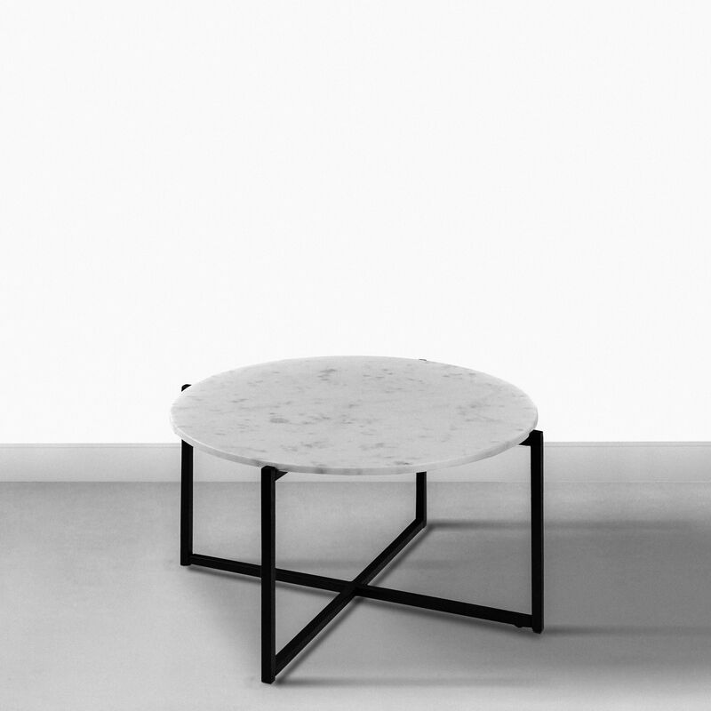 Ivy 30 Inch Marble Top Round Coffee Table with Metal Frame, White and Black-Benzara