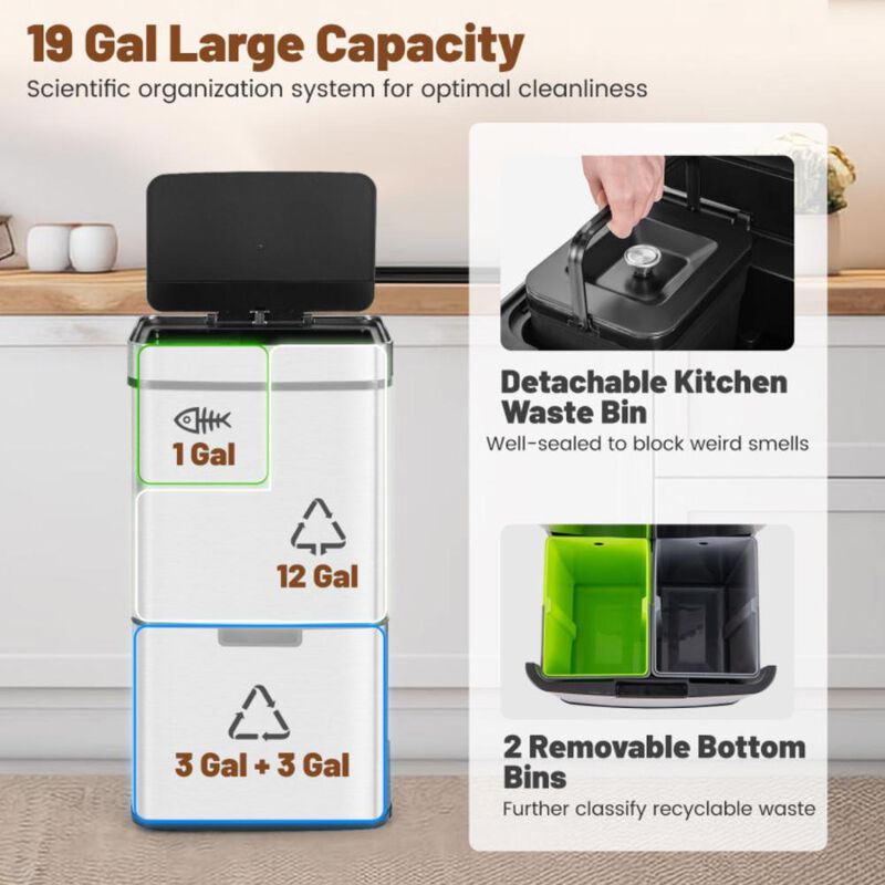 Hivvago 19 Gal Stainless Steel Trash Can with Kitchen Waste Bin and 2 Bottom Recycling Bins-Silver
