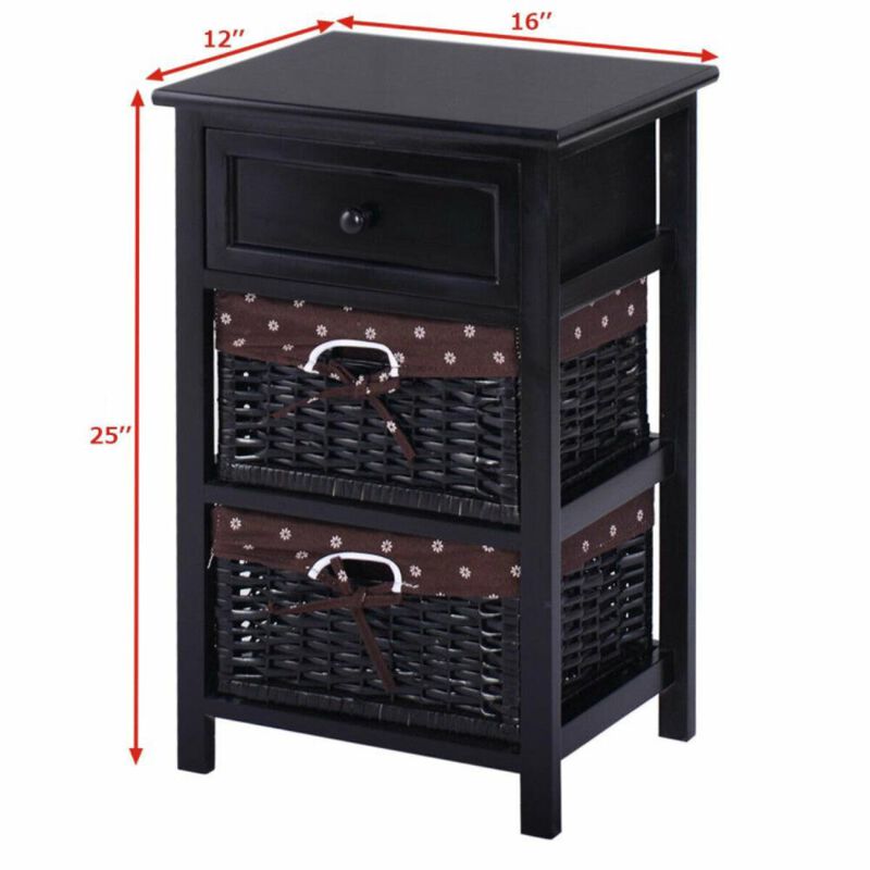 Hivvago 3 Tiers Wooden Storage Nightstand with 2 Baskets and 1 Drawer-black