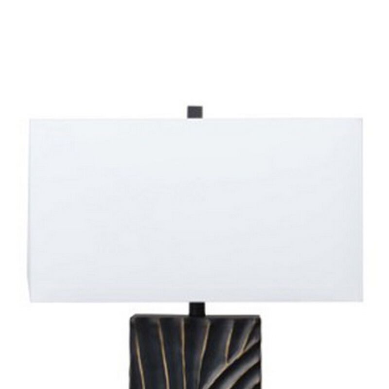 Len Table Lamp, White Rectangular Shade, Unique Lined Design Black Pedestal - Benzara