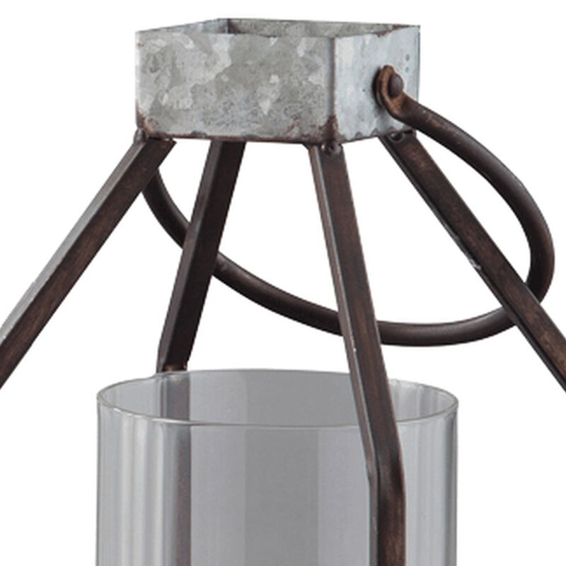 Geometric Lantern with Glass Hurricane, Set of 2, Black and Gray-Benzara