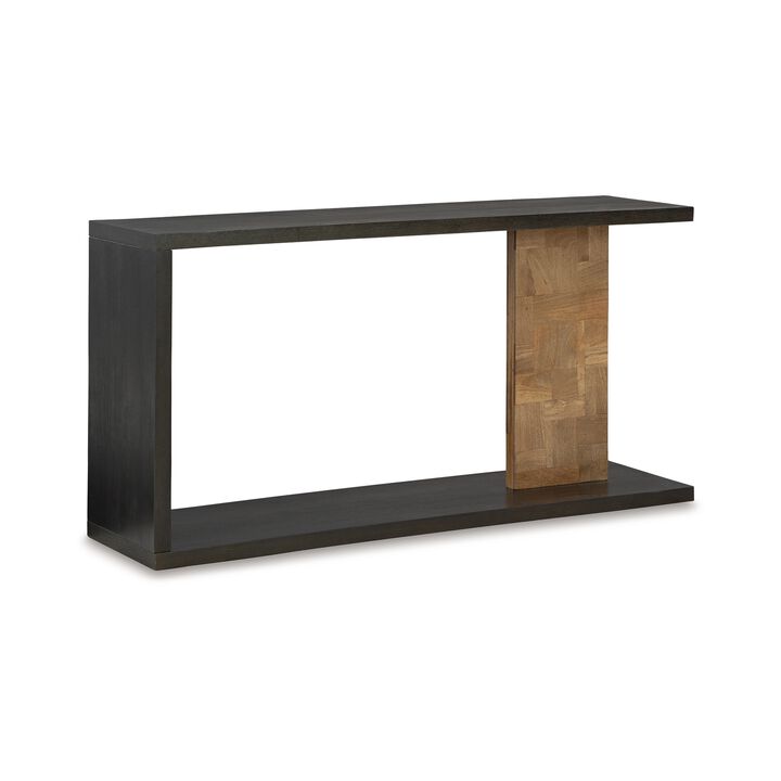 Console Sofa Table, Solid Wood C Shape w Shelf, Black Brown 58 Inch - Benzara