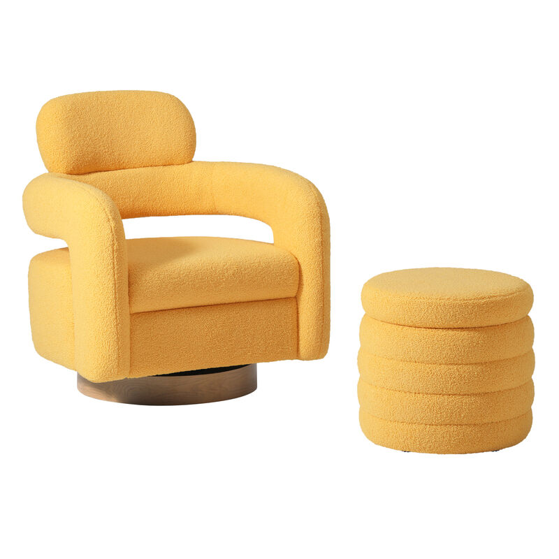 WestinTrends Mid-Century Modern Sherpa Swivel Barrel Accent Chair With Storage Ottoman