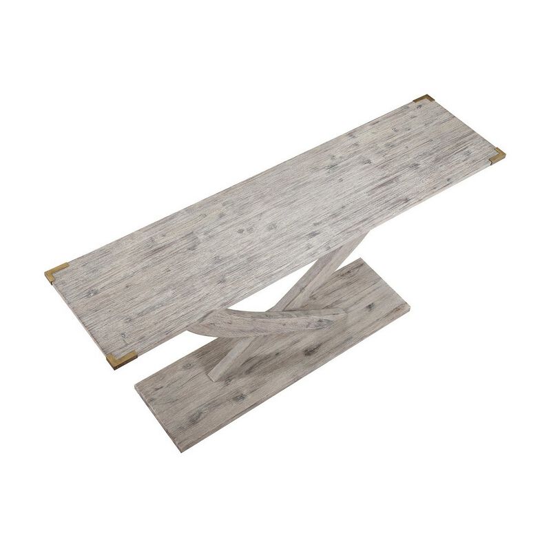 Kit 57 Inch Acacia Wood Console Table, Cross Legs, Gray-Benzara